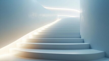 Minimal symmetry concept. A modern, illuminated staircase leading into an ethereal space with soft lighting.