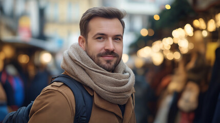 Fototapeta premium Stylish man with scarf and backpack in evening city lights