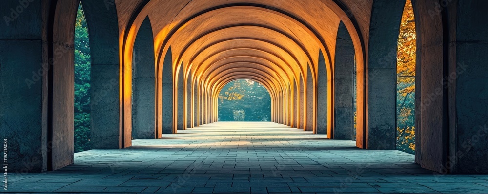Poster minimal symmetry concept. stunning architectural arches illuminated by soft evening light, creating 