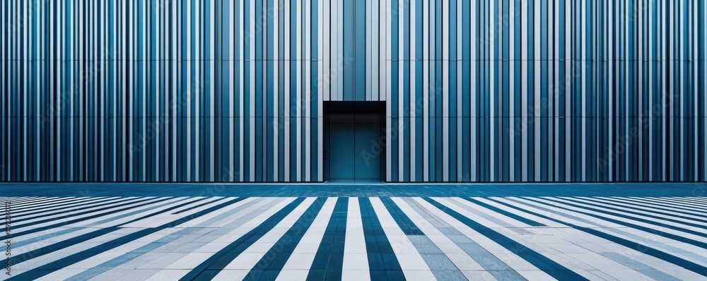 Poster symmetry gradient idea. a modern architectural structure with blue striped patterns and a minimalist
