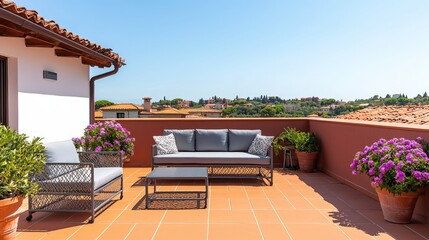 Obraz premium Patio furniture seating and minimal, A sunlit terrace features stylish seating and vibrant flowers, creating a relaxing outdoor space with stunning views.