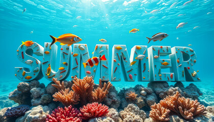 The image is of a coral reef with a large word Summer written in the middle