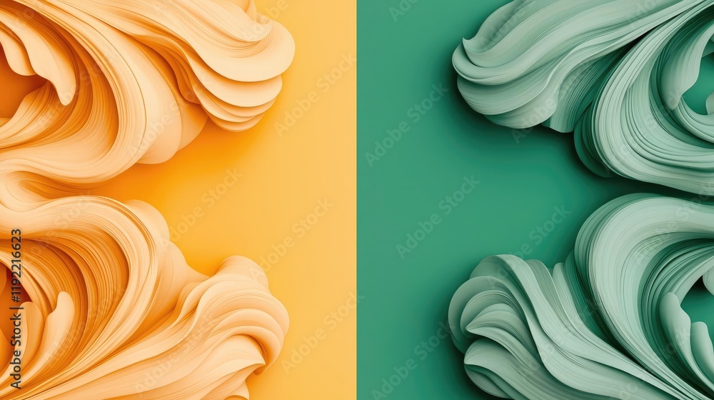 Poster minimal symmetry concept. abstract swirls of orange and green create a dynamic, modern visual effect