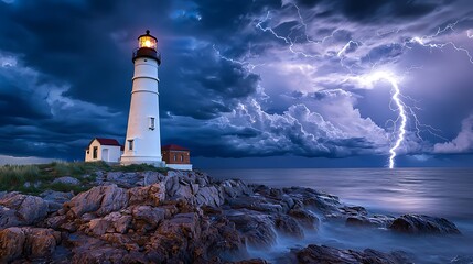 Dramatic Lighthouse Under Stormy Sky with Lightning Strikes
