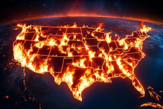 USA Fire Map: Aerial View of Burning Nation - Fiery inferno engulfing the United States, symbolizing climate change, disaster, destruction, emergency, and crisis.