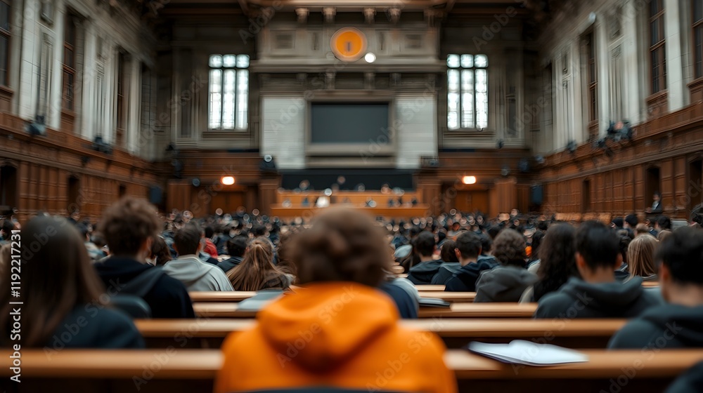 Poster scholarly atmosphere in university lecture hall with focused students