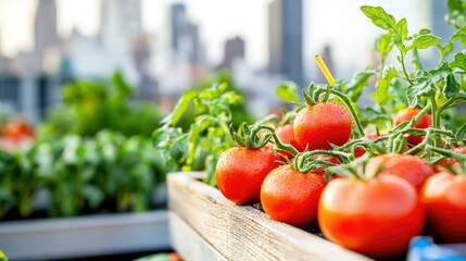 Fresh, ripe tomatoes thriving in an urban rooftop garden with a city skyline in the background, showcasing sustainable urban agriculture and the beauty of growing food in urban spaces.