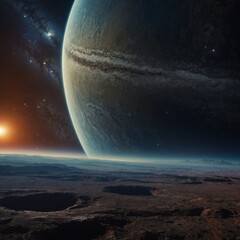 A cosmic landscape with rings of Saturn in the foreground.

