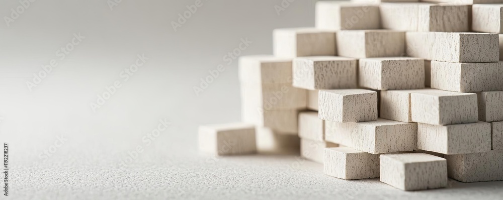 Poster minimal symmetry concept. a close-up view of wooden blocks arranged creatively on a neutral backgrou