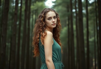Naklejka premium Young woman in a green dress standing in a dense forest