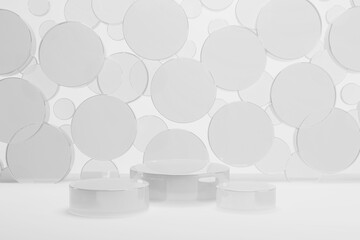 Three transparent glass glossy round podiums mockup, white abstract stage for presentation cosmetic products, goods, advertising, design. Flying circles decor. Template 3D illustration fashion scene.
