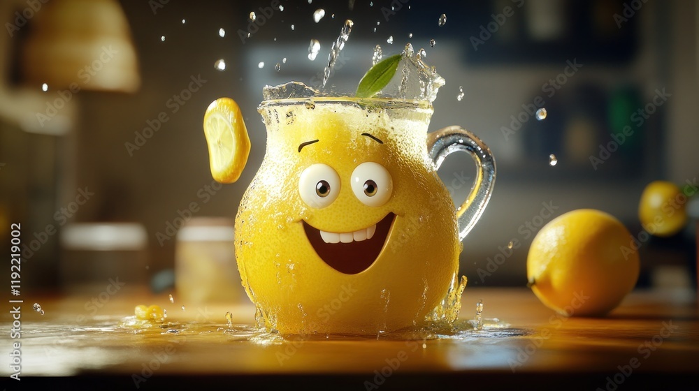 Poster Happy lemonade pitcher with splashing liquid and lemon slices.