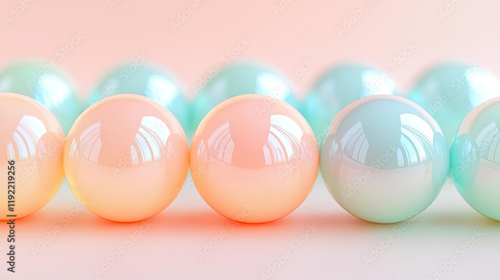 Poster symmetry gradient idea. colorful glossy spheres arranged in a harmonious gradient on a soft pastel b