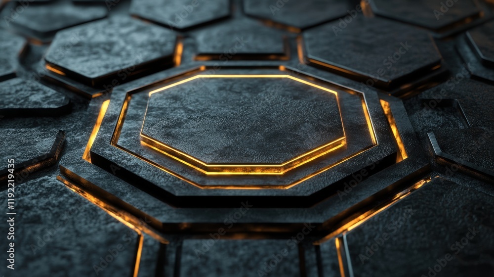 Aufkleber abstract hexagonal pattern with glowing edges dark metal surface futuristic technology background