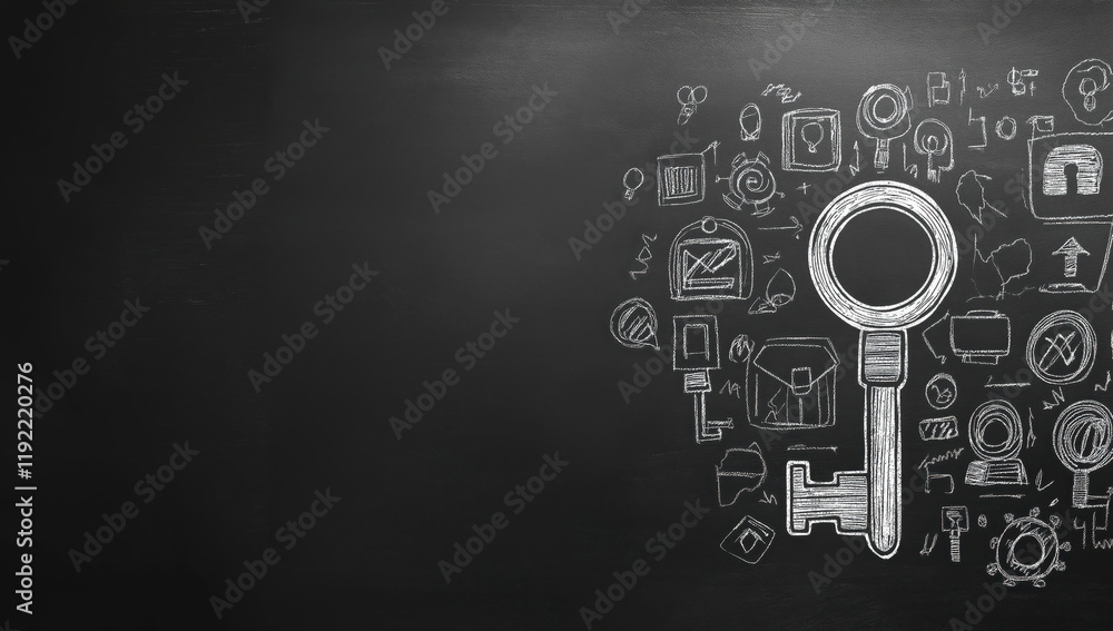 Poster blackboard and white with a key drawn on it. the key is surrounded by various symbols and shapes.