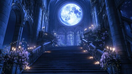 fantasy-themed scene with a grand staircase leading up to an ornate balcony
