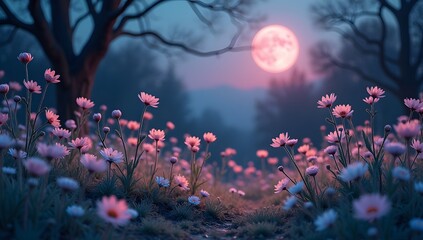 A garden bathed in pink moonlight, with glowing flowers and delicate details for a dreamy ambiance. AI-generated.	