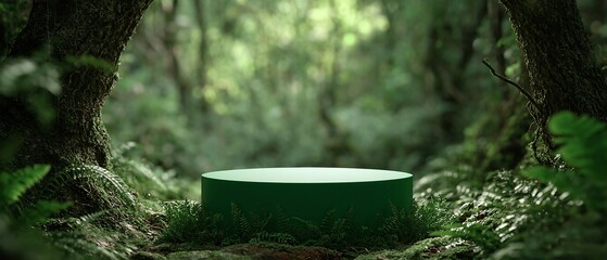 A green podium set in nature with forest elements, ideal for showcasing organic products. Generative AI