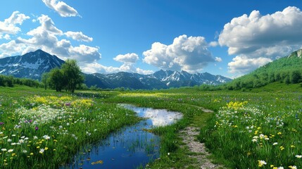 Fototapeta premium Illustration of a serene countryside landscape featuring a clear pond in the foreground