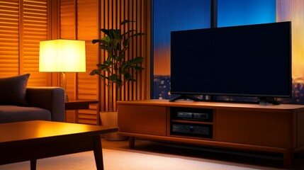 A cozy living room with a TV, lamp, plant, and modern furniture, creating a warm atmosphere.