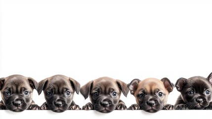 Fototapeta premium Adorable Puppies Lined Up Against White Background Displaying Innocent Expressions with Curious Eyes
