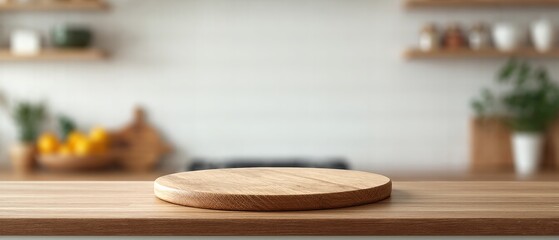 A kitchen podium background with a wooden platform, perfect for culinary product showcases. Generative AI