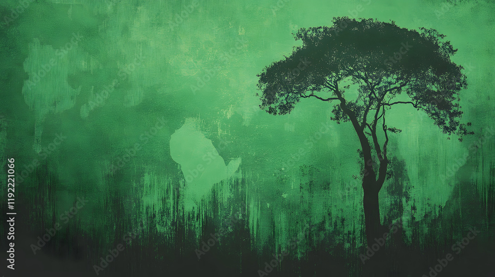 Poster a serene silhouette of a tree against a green backdrop, evoking tranquility and a connection to natu