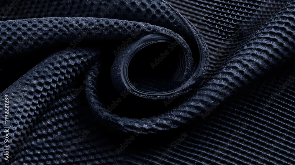 Poster a close-up of dark, textured fabric, showcasing a spiral fold that emphasizes its intricate weave an