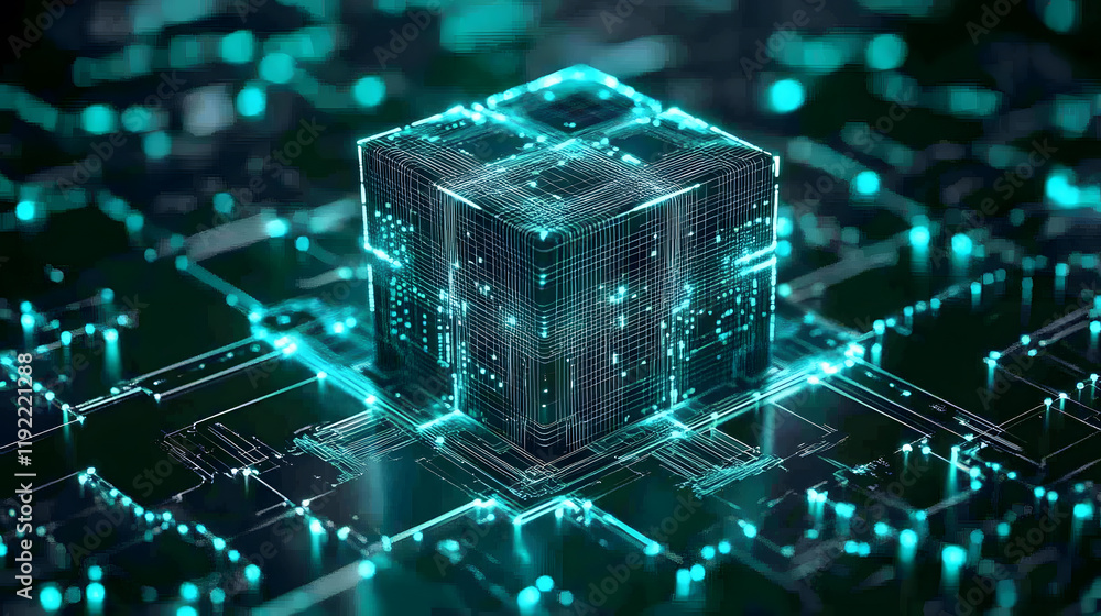 Poster A glowing digital cube on a circuit board, representing advanced technology and data processing in a futuristic setting