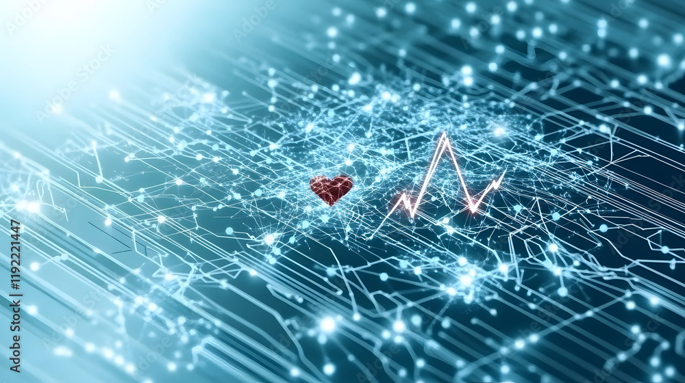 Aufkleber A digital representation of a heart and heartbeat line against a backdrop of interconnected data points, symbolizing health technology and data analysis