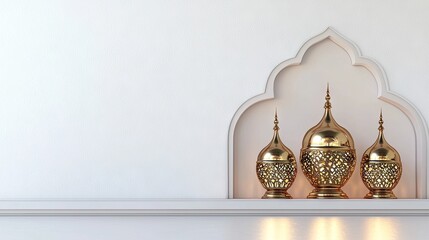 Golden Islamic lanterns on shelf, white wall background, Ramadan
