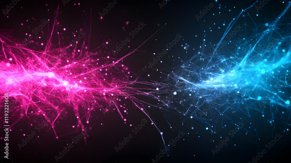 Poster A vibrant visual of pink and blue energy streams intertwining against a dark background, creating a dynamic and electrifying effect