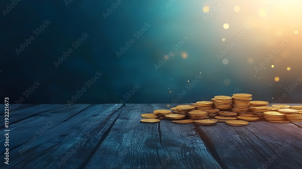 Aufkleber a pile of shimmering coins on a wooden surface, illuminated by soft sunlight, creating a warm and in