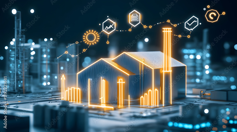 Poster a digital rendering of a factory with glowing elements, symbolizing industrial innovation and smart 