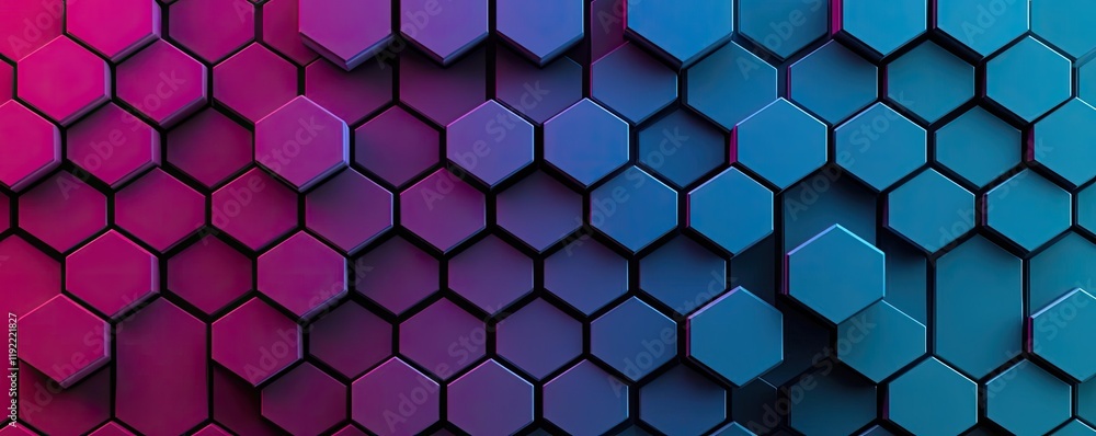 Poster symmetry gradient idea. a vibrant hexagonal pattern showcasing a blend of blue and pink tones in 3d 