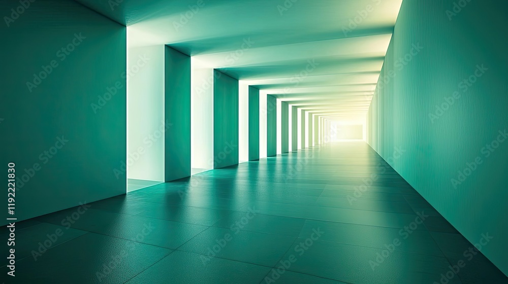 Poster symmetry gradient idea. a modern corridor illuminated with soft turquoise lighting and minimalistic 