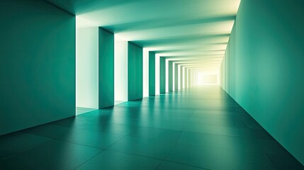 Fototapeta premium Symmetry gradient idea. A modern corridor illuminated with soft turquoise lighting and minimalistic design.