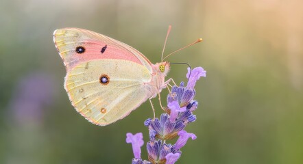 Obraz premium Pale Clouded Yellow Butterfly Gently Sipping Nectar from Lavender Blossom