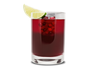 Cranberry Juice in a glass with fresh cranberries and a slice of lime, rich red and green