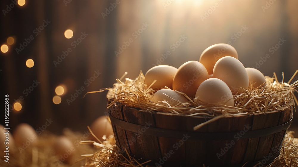 Poster fresh eggs nestled in a rustic basket on a bed of straw. generative ai