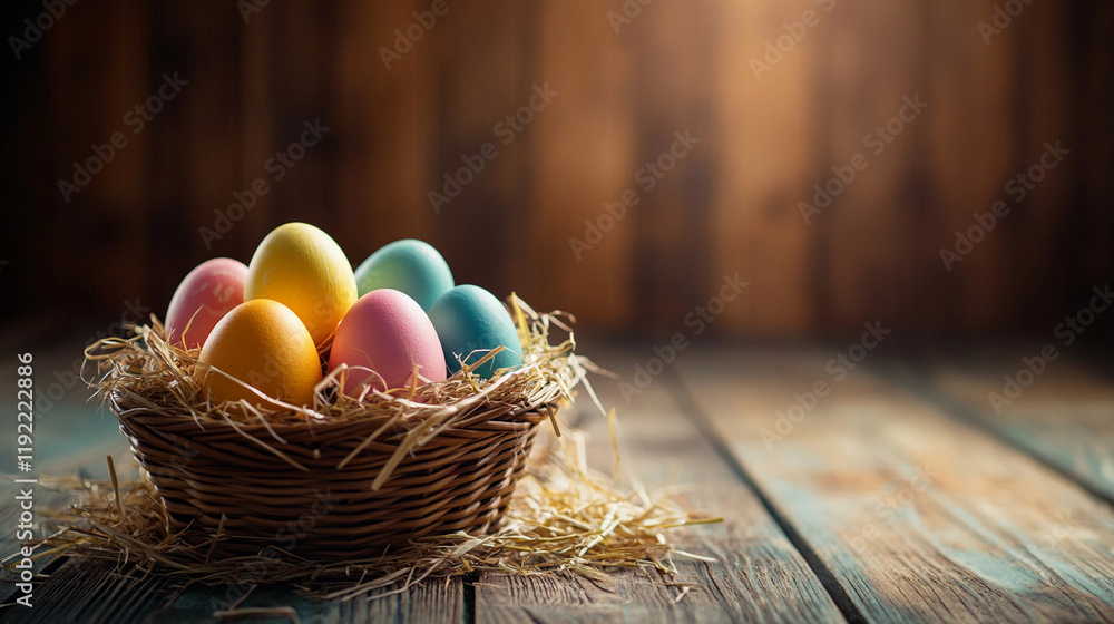 Poster freshly gathered eggs in a rustic basket on straw background. generative ai