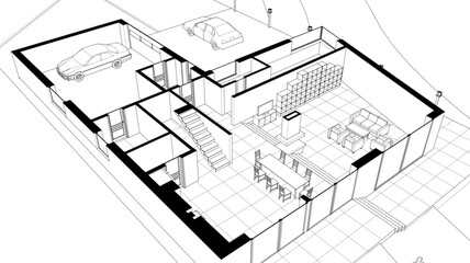 house traditional architecture plan 3d illustration	

