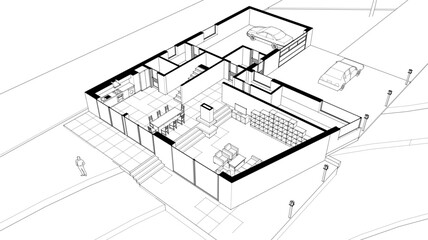 house traditional architecture plan 3d illustration	
