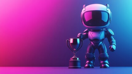 Cute astronaut celebrating victory with trophy in neon light