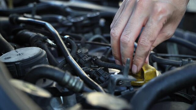 man's hand opens or closes the oil filler cap.Energy fuel concept,oil change to auto.