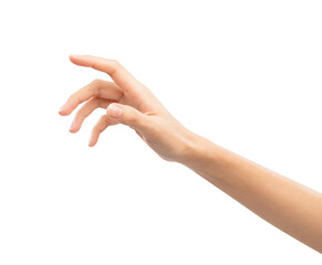 Woman hand touching or pointing on isolated white background.