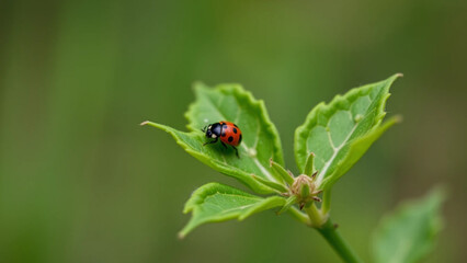 Naklejka premium ladybird on a green leaf