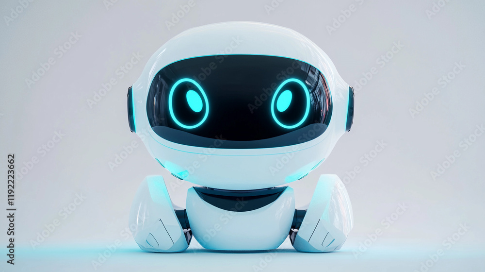 Poster customer support robot with clean white design and glowing features. generative ai