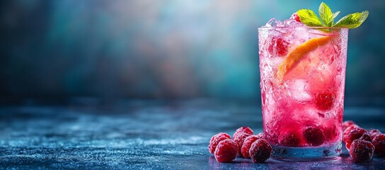 Refreshing raspberry cocktail, ice, mint, dark background. Drinks menu