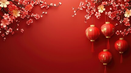 Festive red lanterns and cherry blossoms on red background; ideal for Lunar New Year greetings